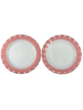 Set of 2 Vintage Hazel Atlas Crinoline Pink Milk Glass Ruffled Plates USA